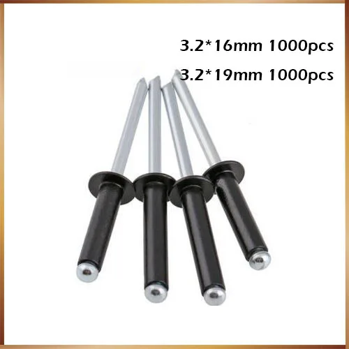 

2000pcs rivet popnageltang 1000pcs M3.2x16 and 1000pcs 3.2*19mm Black Aluminum Pop Blind Rivet Core Pulling Decoration Rivets