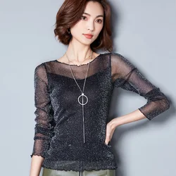 2024 Glitter Mesh Blouse Sexy Womens Shirts Long Sleeve Tops Korean Black Pink O-Neck Elegant Slim Blouse Camisas Femininas