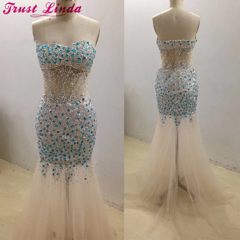 

Sexy Rhinestone Beaded Mermaid Bridesmaid Dresses Sweetheart Champagne Tulle Long Prom Dress