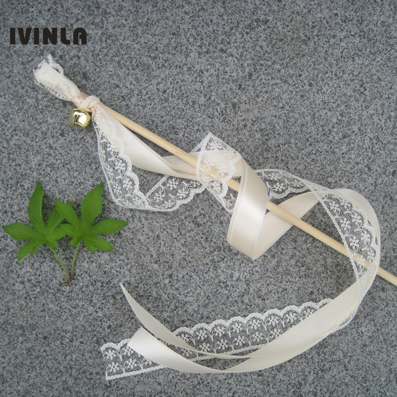 50pcs/lot Cream Lace  wedding ribbon stick wands with gold bell for wedding decoration
