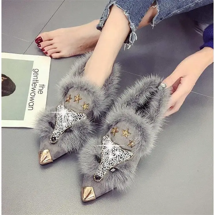 Autumn/Winter Pointed Toe Women Flats Shoes Crystal Plush Women Slip-On PU Casual Flat Shoes Women Plush Flat Shoes