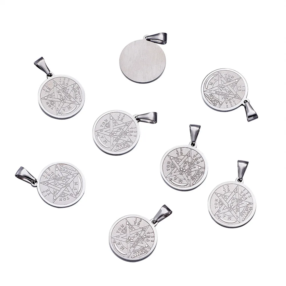 10pcs Religion Stainless Steel Charms Flat Round Carved Tetragrammaton Pentagram Wiccan Necklace Pendants DIY Jewelry Finding