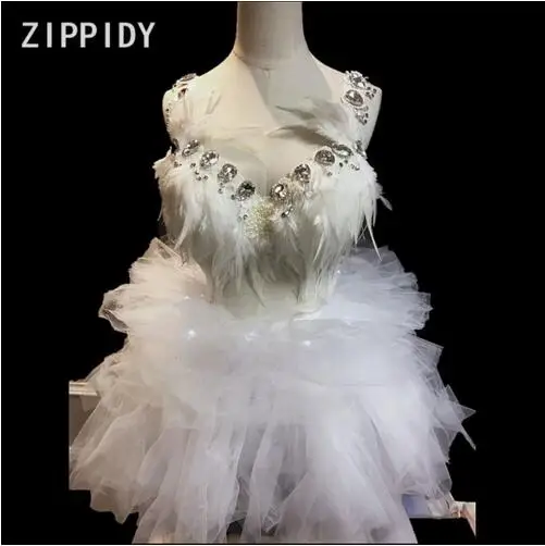 White Feather Bra Short Tutu Skirt Dance Wear Female Singer Dancer Wear Stage Performance Outfit Costume 3 Pieces Set