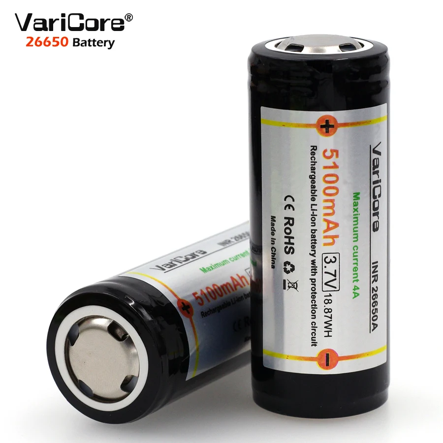 2PCS VariCore Protection 26650 5100mAh 3.7V Li-lon Rechargeable Battery with PCB 4A 3.6V Power batteries for Flashlight