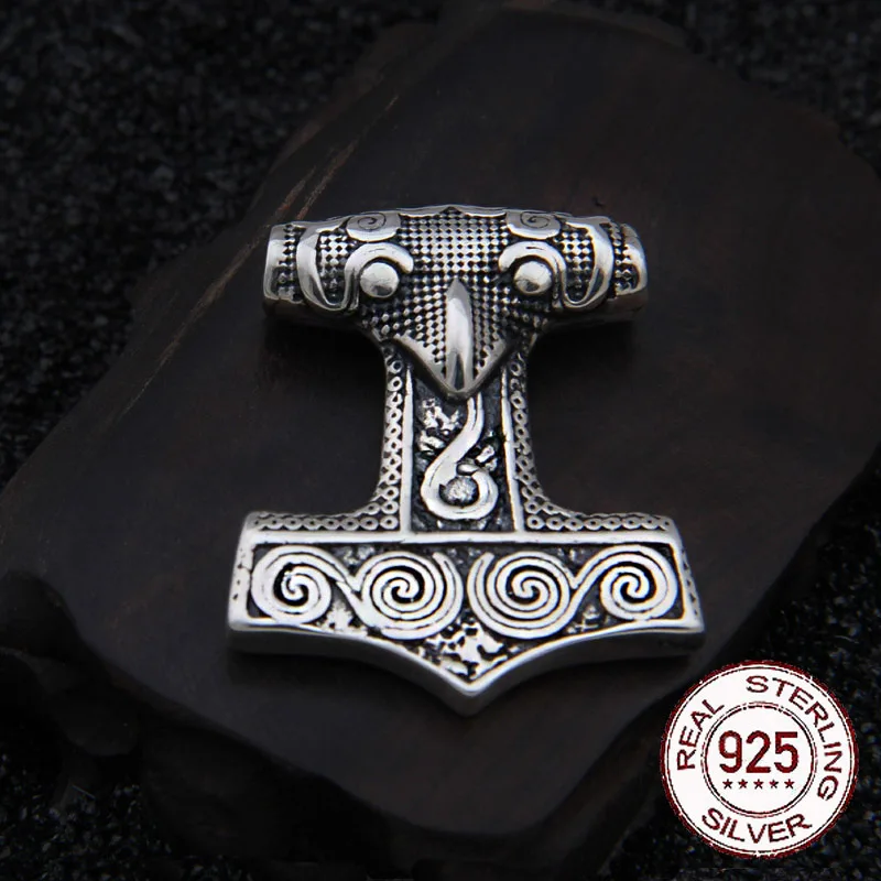 925 Sterling Silver Viking Raven thor hammer Pendant necklace with cow leather and keel chain as gift