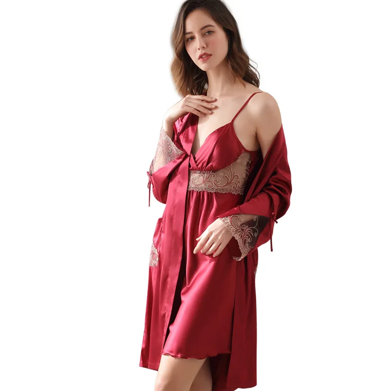 Latest Spring Summer Thin Sexy Lace Ice Silk Big Size Sling Nightdress Silk Two-Piece Female Satin Silk Bathrobes F8207