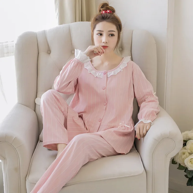 Sweet Maternity Nursing Nightwear Pink Cotton Breastfeeding Sleepwear For Pregnant Women Autumn Pregnancy Pajamas Night Wear Set