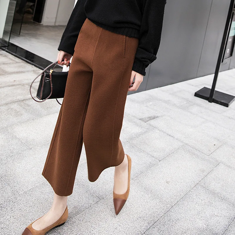 

Solid Color Wide Leg Pants Women Elegant Casual Woolen Wide Trousers Women Pantalon Mujer Womens Ankle-Length Pants