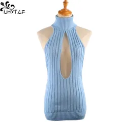 UHYTGF Sexy Backless Virgin Killer Sweater Women Bodysuit Turtleneck Open Chest Hollow Japanes Knit Sweaters Female Pullover 322