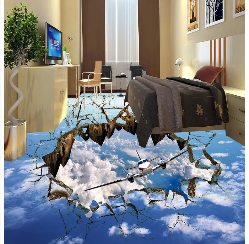 Modern Sticker 3D Floor Sky Airplane Bathroom Living Room 3D Floor Painting Non-slip Waterproof Self-adhesive PVC Wallpaper