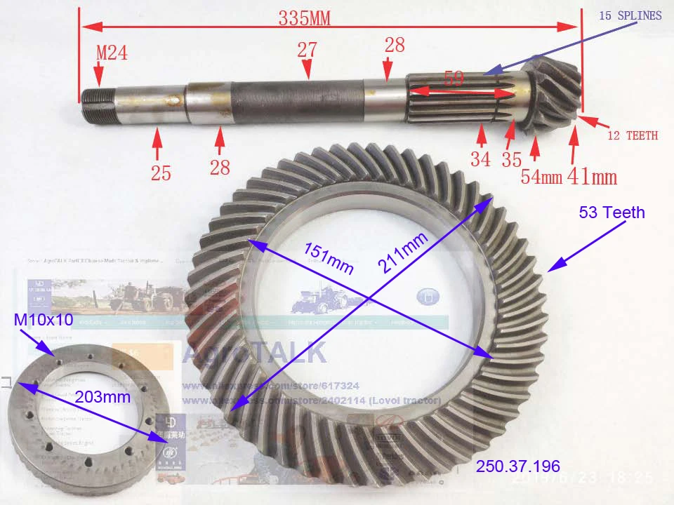 sprial bevel gear with shaft (please check the dimenssions firstly) for Jinma 254 284 tractor, part number: 250.37.196+