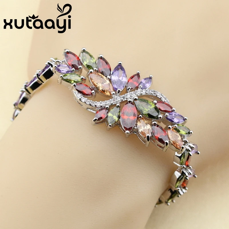 XUTAAYI 2018 New Arrival Fashion Health Jewelry  Silver Multi Color Stones Cubic Zirconia Chain-Link Bracelet Length 18+3CM