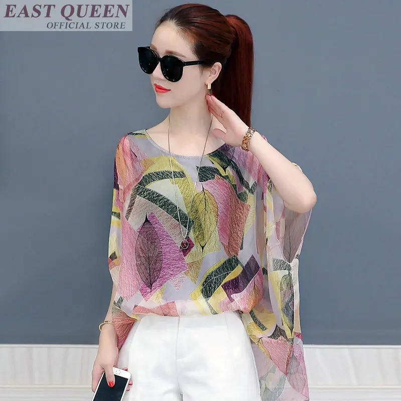 Women summer blouse 2018 feminine shirts spliced fashion o-neck short batwing sleeve floral print chiffon blouse tops DD594 L