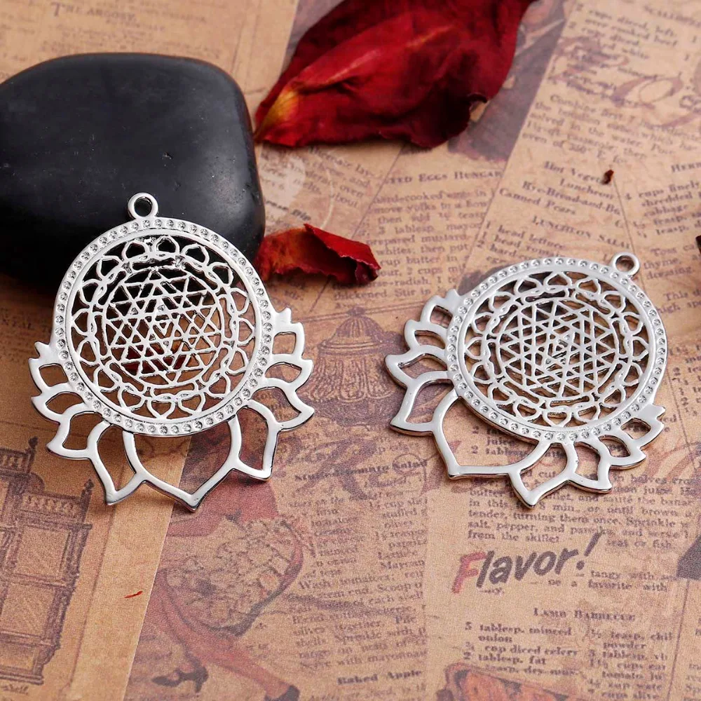 Hot Sri Yantra Meditation Pendants For Handmade Components Silver Color Lotus Hollow Flower Style DIY Jewelry Findings,1 PC