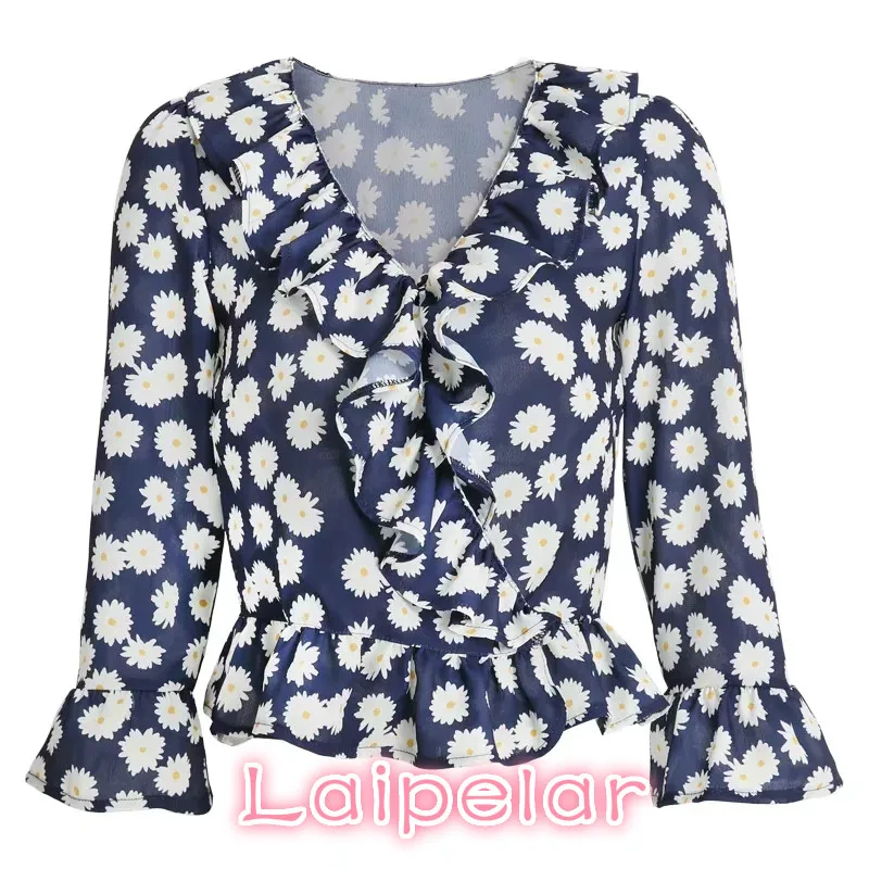 Sexy Crop Top Ruffle Lange Mouwen Chiffon Shirt Zomer Womens Tops En Blouses Boho Wit Dot Of Bloemenprint Vrouwen blouses