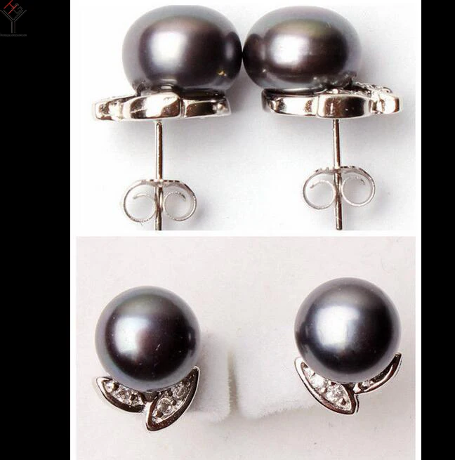 women Jewelry Earring 6-7mm bright black colors Pearl rhinestone petal flower Stud Earring Natural Freshwater pearl