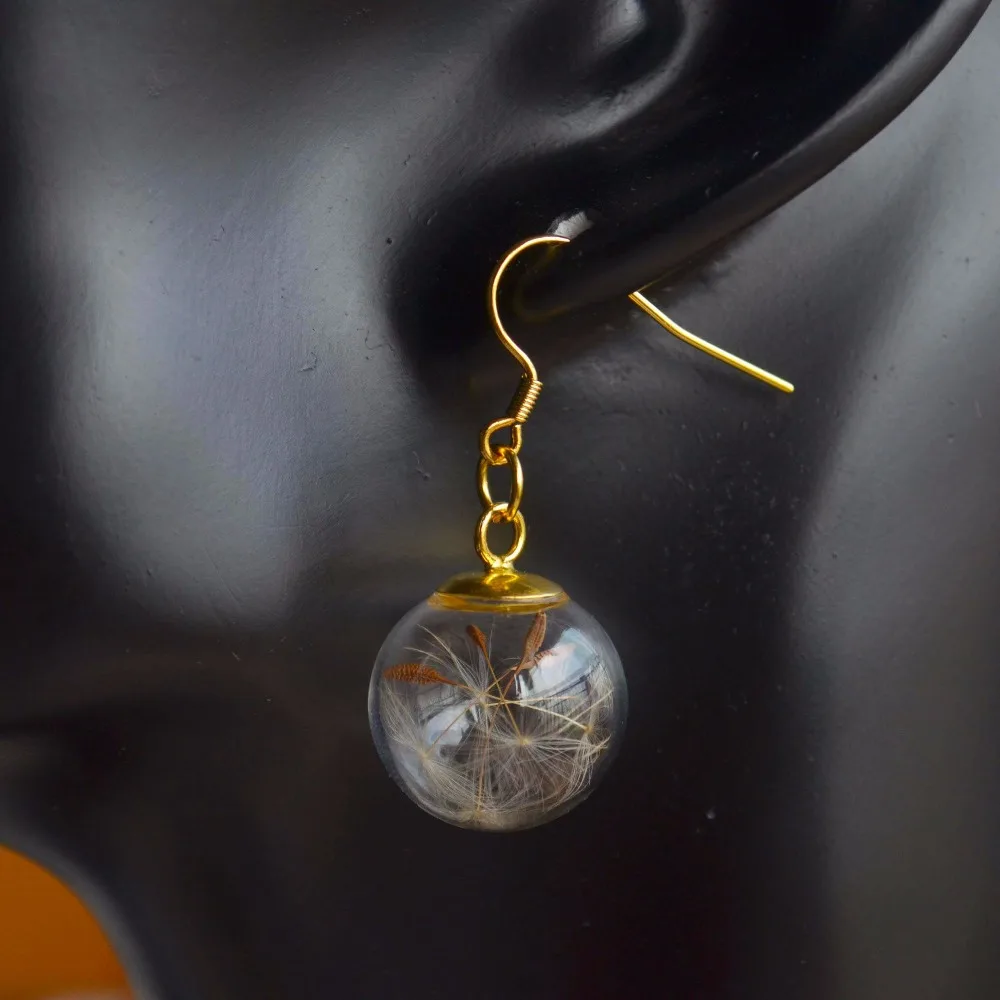 Löwenzahn Make a Wish Glaskugel Goldfarbene Tropfenohrringe für Frauen Boho Modeschmuck Bohemian Cute Vintage Handmade
