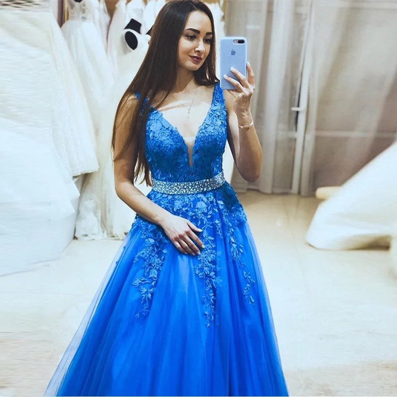 Elegant V-neck Prom Dresses A-line Sleeveless Royal Blue Formal Party Gows With Diamonds Sashes Floor Length Prom Dresses