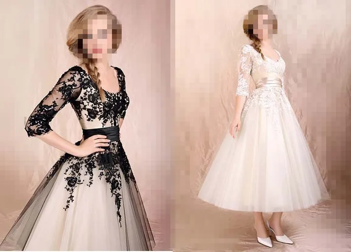 Frete grátis quente design clássico vestido de noiva nova chegada a linha rendas apliques chá comprimento vestidos de casamento