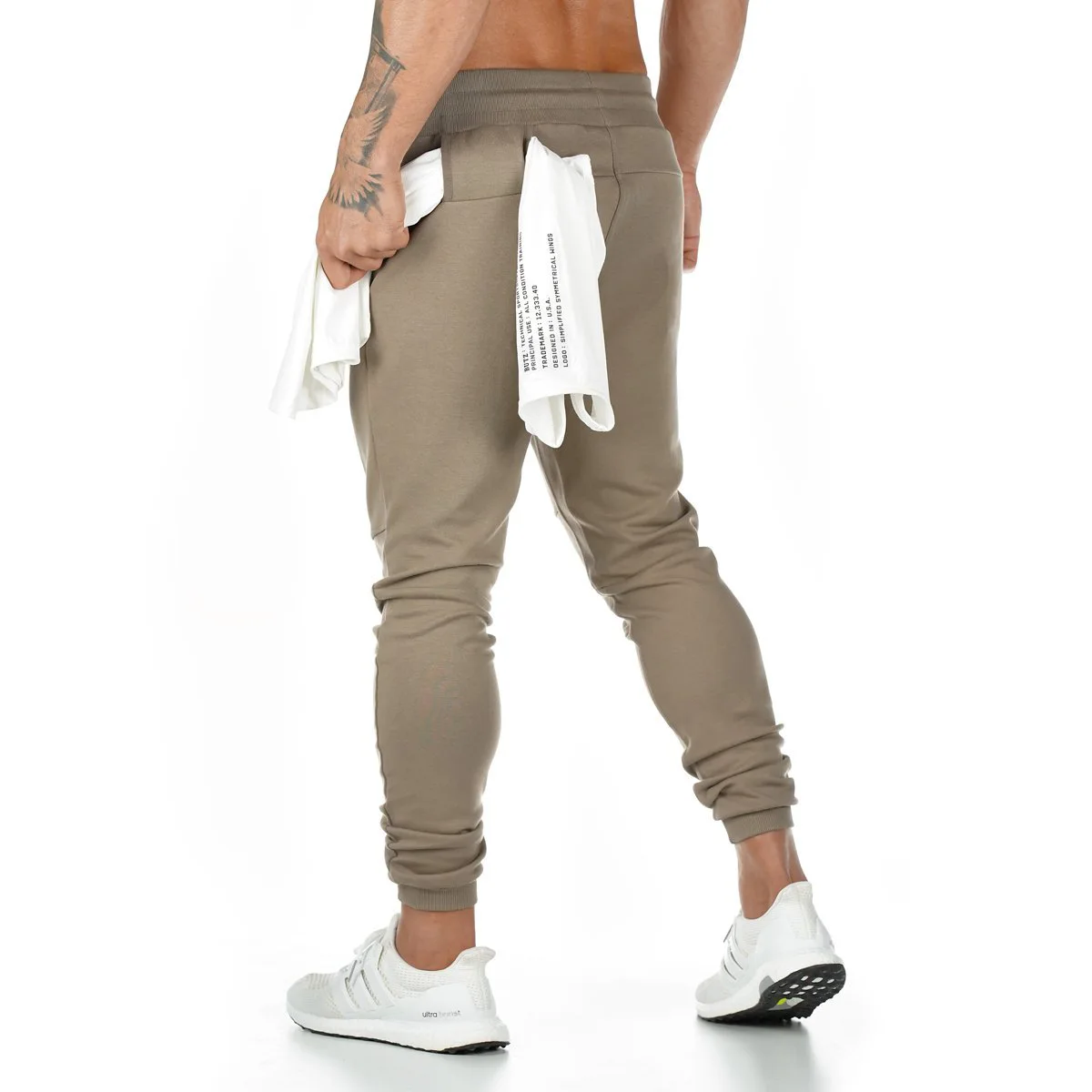 Calça de moletom masculina de algodão, calça leggings esportiva com porta-toalha e bolso para celular para corrida