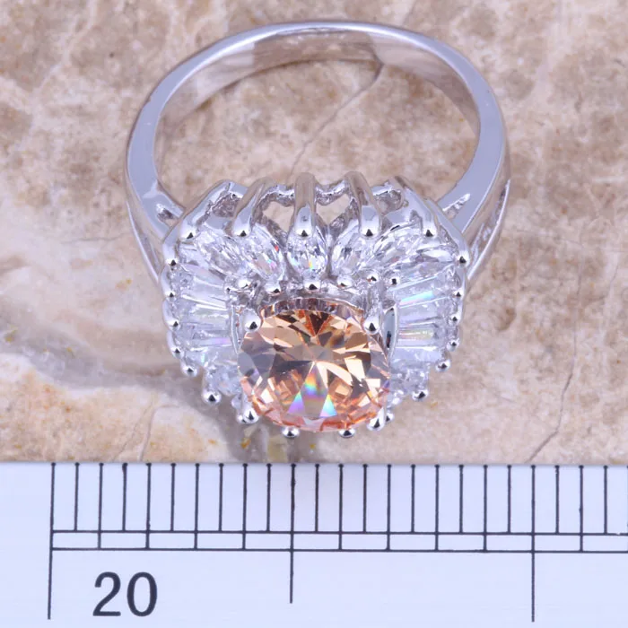 Charismatic Champagne Morganite White CZ Silver Plated  Women's Ring Size 6 / 7 / 8 / 9 R1394