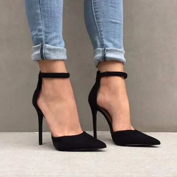 

Women Elegant Black Suede Thin High Heel Shoes Pointed Toe Ankle Strap Dress Pumps Concise Office Footwear Size US10 Dropship