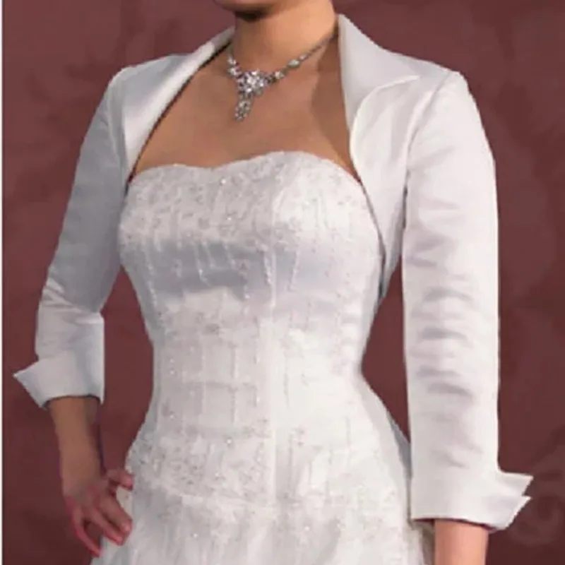 Novas mulheres capa de casamento cetim nupcial jaqueta curta frente aberta bolero envolve 3/4 manga branco marfim tamanho personalizado acessórios jaquetas