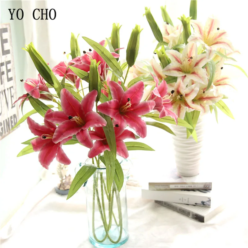 YO CHO Bride Wedding Bouquet Artificial Latex Lily Flower Real Touch 2 Head Lily White DIY Home Floras Table Accessories Decor