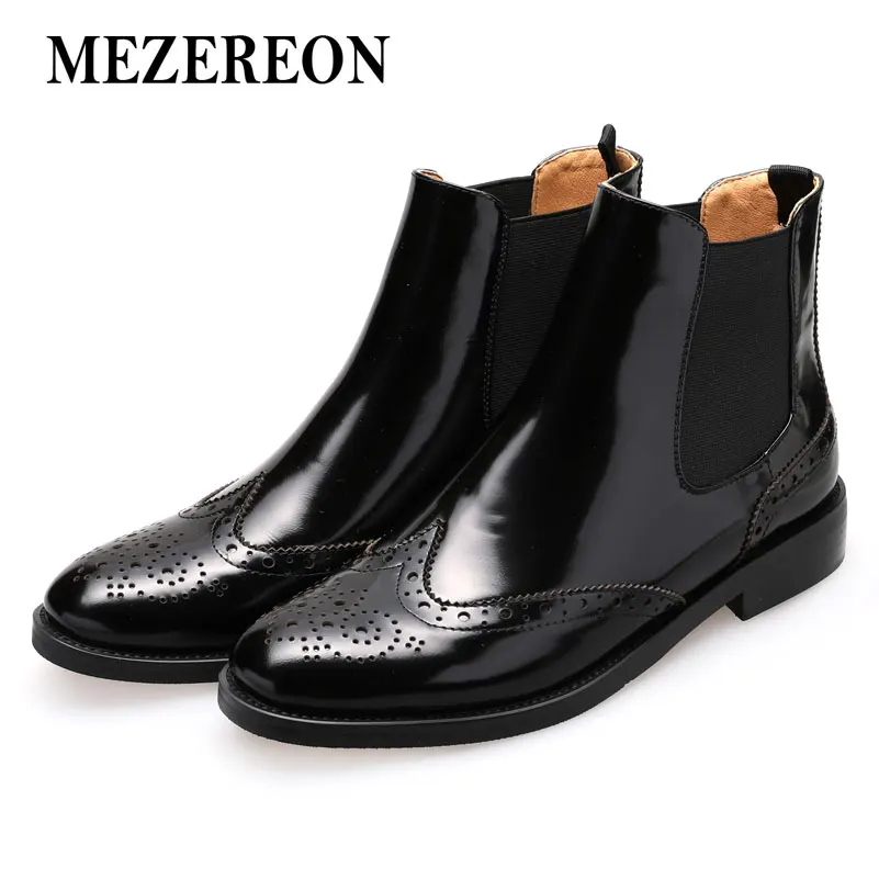 MEZEREON Women Boots Genuine Leather Ankle Boots Fashion Shoes Woman Slip On Autumn Winter Chelsea Boots Plus Size 46 for Women