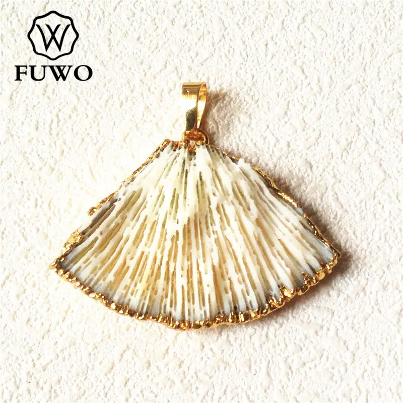 FUWO Natural White Coral Pendant With Golden Trimmed arc-shaped Coral Shell Boho Jewelry Fittings Wholesale PD566