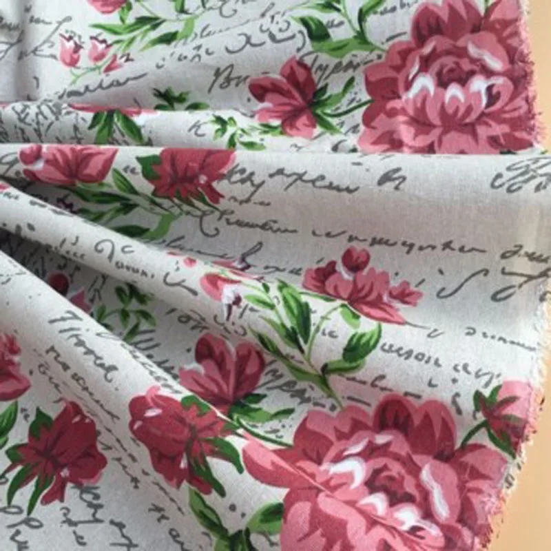 Pretty Blooming Rose Flower & Letter Printed Cotton Linen Fabric Vintage Quilting Patchwork Tilda Fbric sewing crafts material