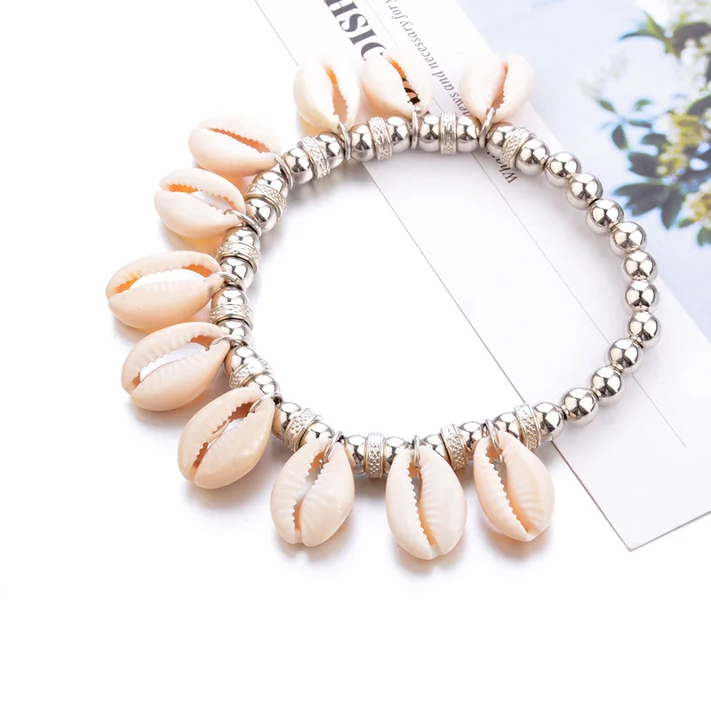 Bohemian Handmade Simple Metal Beads Shell Pendants Stretch Bracelets Anklets For Women\'s Seaside Travel Vacation Sexy Jewelry