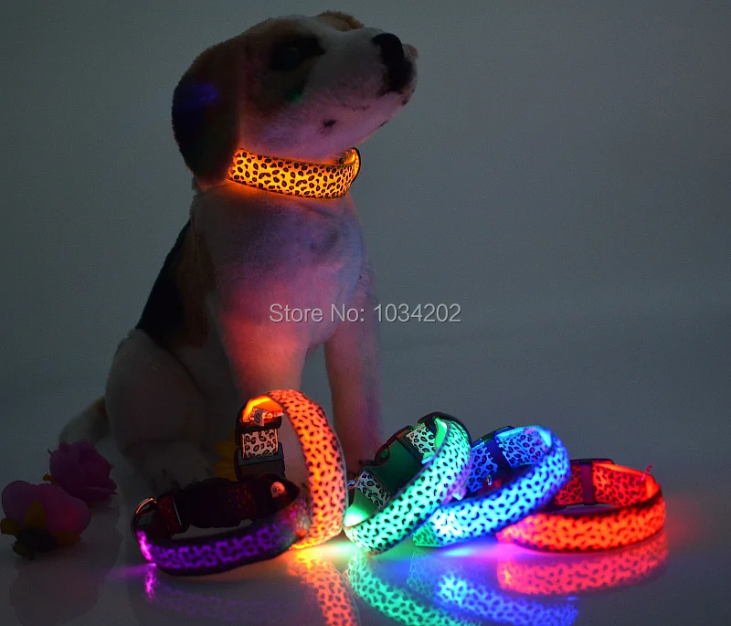 Fashion Sexy Leopard printed design LED dog collars LED pet Flashing collars Nylon 100Pcs DHL