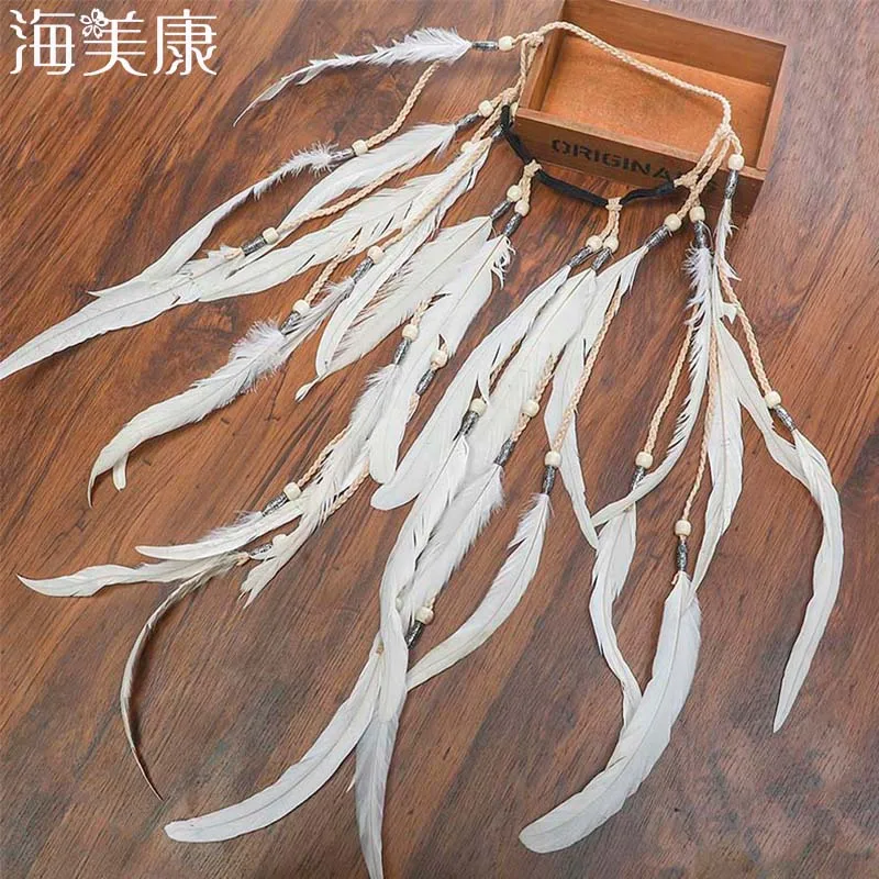 

Haimeikang 2021 Hot Feather Headband Ladies Headwear Boho White Feather Beads Handmade Holiday Hair Band Hair Accessories