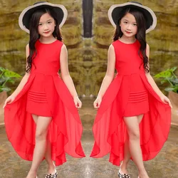 Girls Chiffon Dress 2023 Summer Sleeve Irregular Elegant Princess Party Dress 5 6 7 8 9 10 11 12-year-old children's clothing