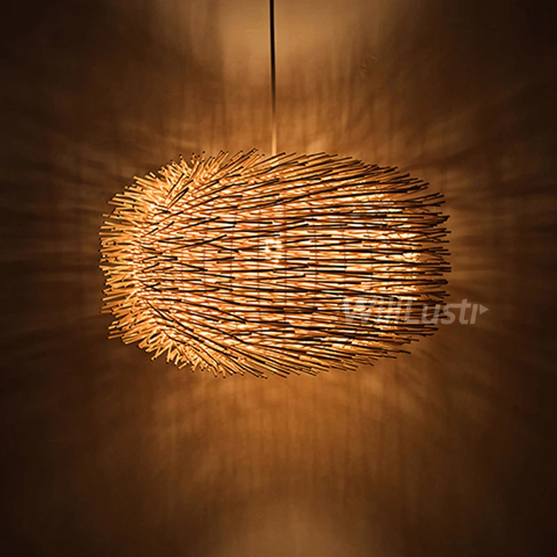 willlustr wicker pendant lamp bird nest shape hanging lighting bar hotel restaurant mall lounge handmade wood suspension light