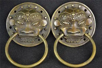 

A Pair Medicine old China Decorated Handwork Copper Carving Dragon Exorcism Door Holder Statue NRR 2pcs Garden Decoration BRASS