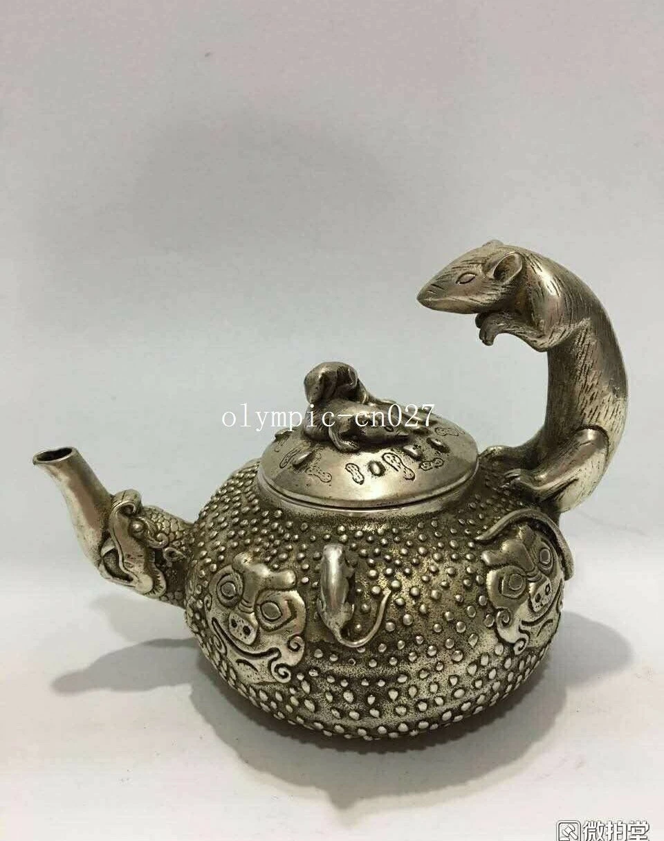 5'' tibetan copper silver-plated carved animal mouse rat dragon teapot cup pot