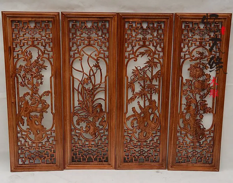 

Dongyang wood carving four screen camphorwood pendant antique wood partition porch meilanzhuju wall hanging pendant