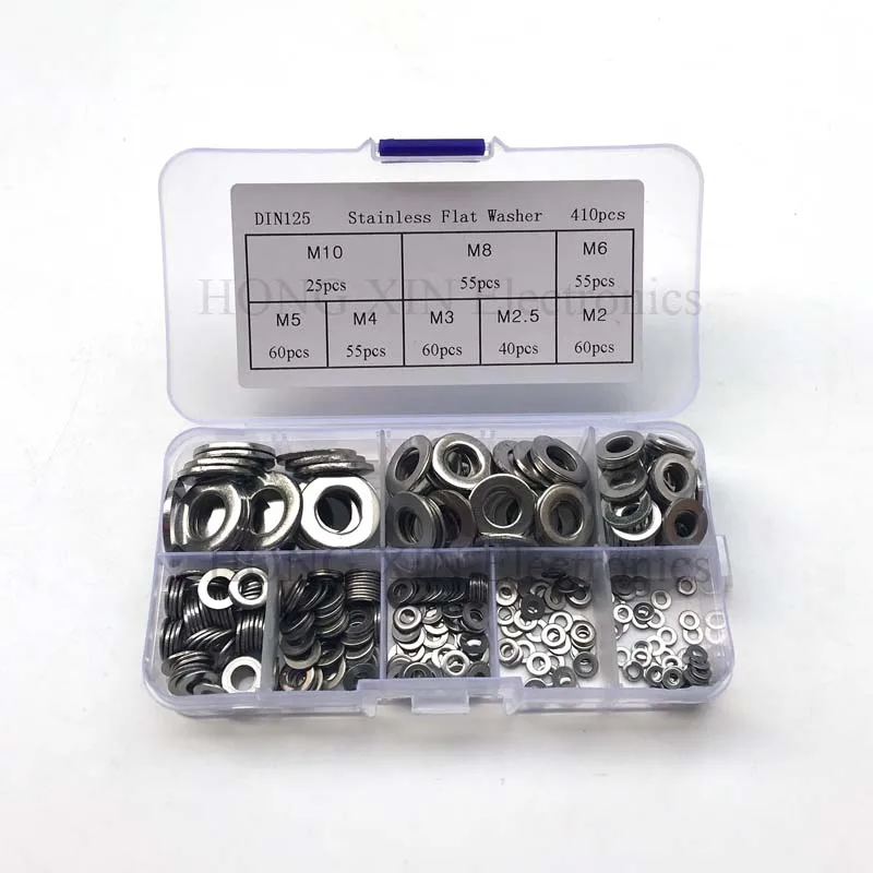 

410pcs Stainless Steel Flat Washer 304SS washers Plain Washer Gaskets Assortment Kit Adjustment washer Metal Gasket Meson