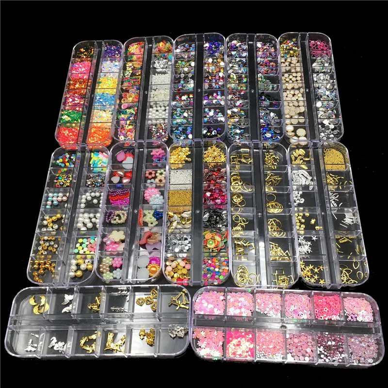 12 Designs Nail Art Decorations Metal Rivets Colorful Nail Rhinestones Beads Pearls DIY Manicure Nail Ornaments Jewelry Body Art