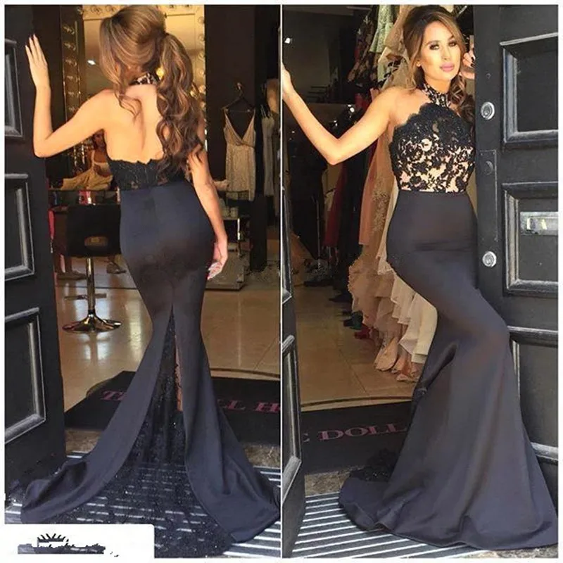 

Sexy Mermaid Sleeveless Backless Halter Black Lace Prom Dress Long Formal Party Satin Evening Gowns Size 2 4 6 8 10 12 14 16