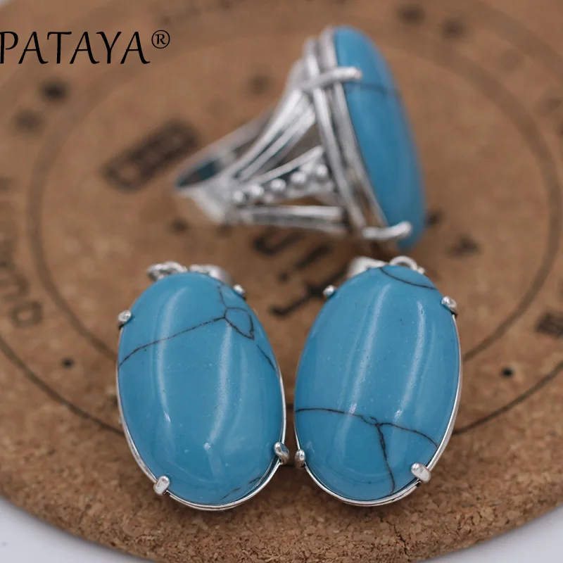 PATAYA New Unique Ancient Wipe Black Back Hollow Fashion Jewelry Set Fine Natural Tiger Stone Big Earrings Ring Set Wedding Sets