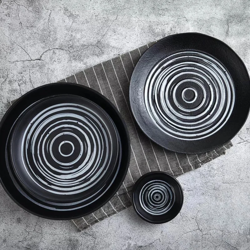 Hot Pot Restaurant Black Frosted Dinnerware Dinner Plate Three Lattice Seasoning Dish Round Plate A5 Melamine Tableware