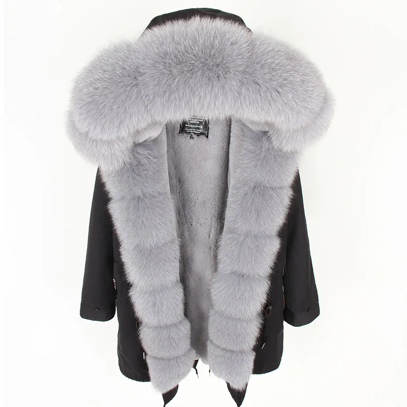 Maomaokong 2023 New Natural Fox Fur Woman's Long Inner Fur Coat Jacket Hooded Black Waterproof Woman Winter Warm Parkas Luxury