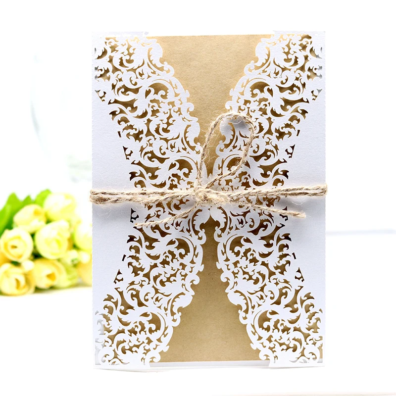 

100pcs Laser Cut Flower Wedding Invitation Cards Lace West Cowboy Greeting Card With Rope Envelopes Wedding Party Favor Supplies