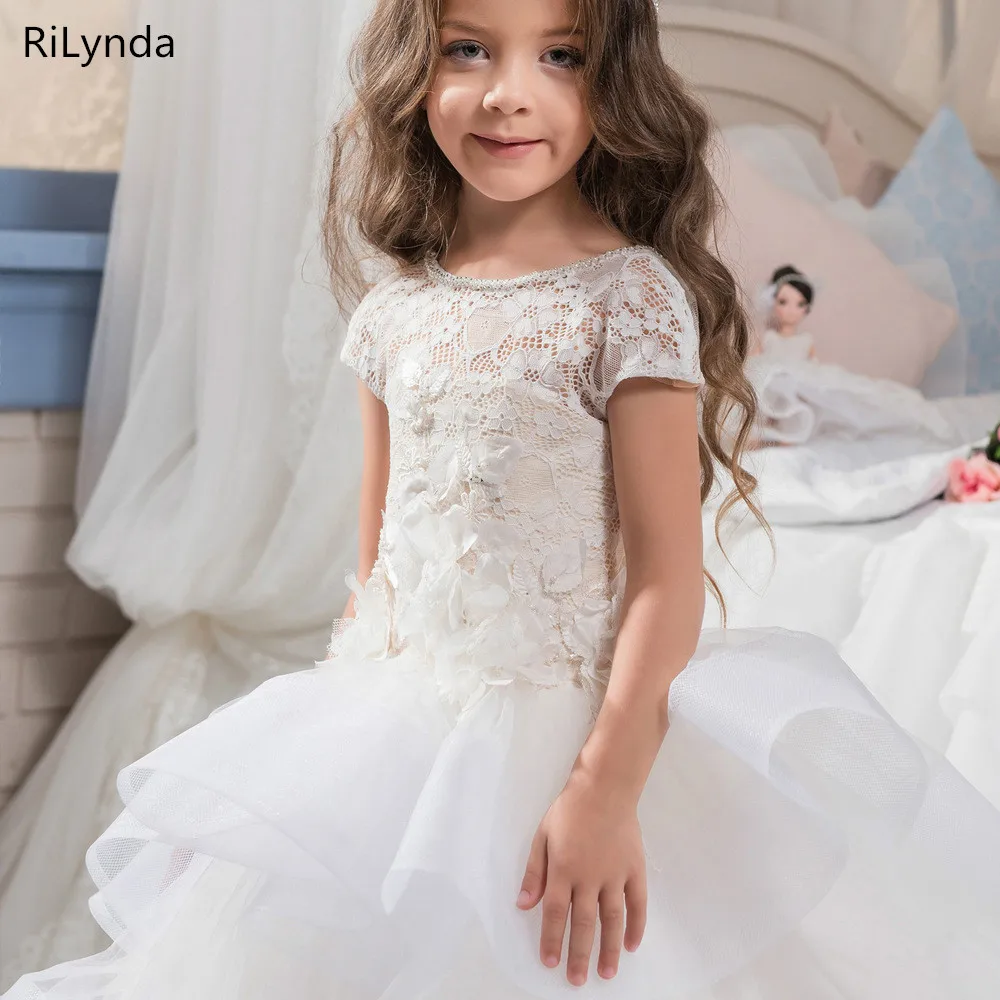 Branco marfim vestido da menina de flor reboque inchado vestido de festa de casamento menina primeira comunhão eucaristia participou princesa renda eve