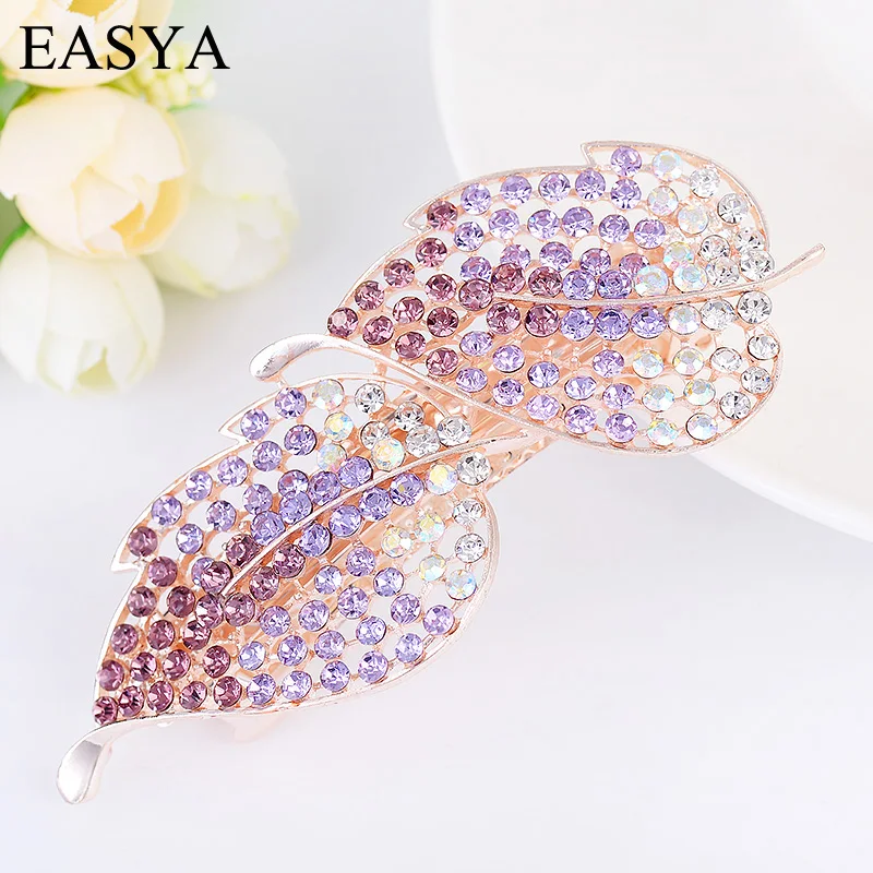EASYA High Quality Full Crystal Hairpin Hairwear Jewelry Tone Metal Rhinestone Leaves Hair Clip Barrettes