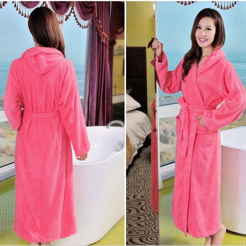 Cotton Bathrobe Women 100% Cotton Hooded Long Warm Soft Thick Bathrobe  Plus Size XL Toweling Terry Fleece Hotel Winter