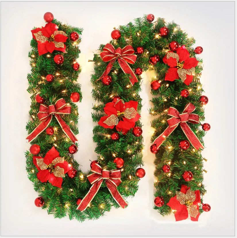 2.7m Christmas garland green Christmas rattan with bows big flowers balls and lights Christmas ornaments free shipping